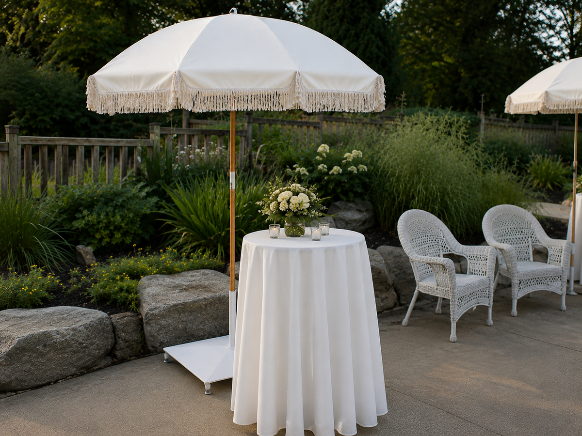 Ivory Fringe Patio Umbrella + Wheeled Base